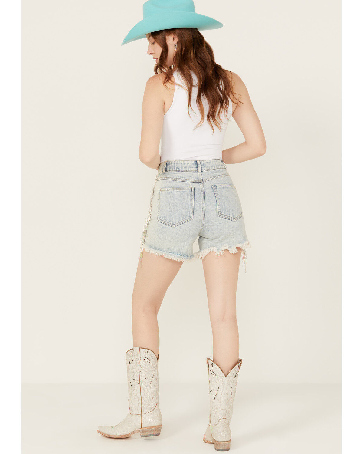 Image #4 - Blue B Women's Light Wash High Rise Rhinestone Side Chain Fringe Denim Shorts, Light Wash, hi-res