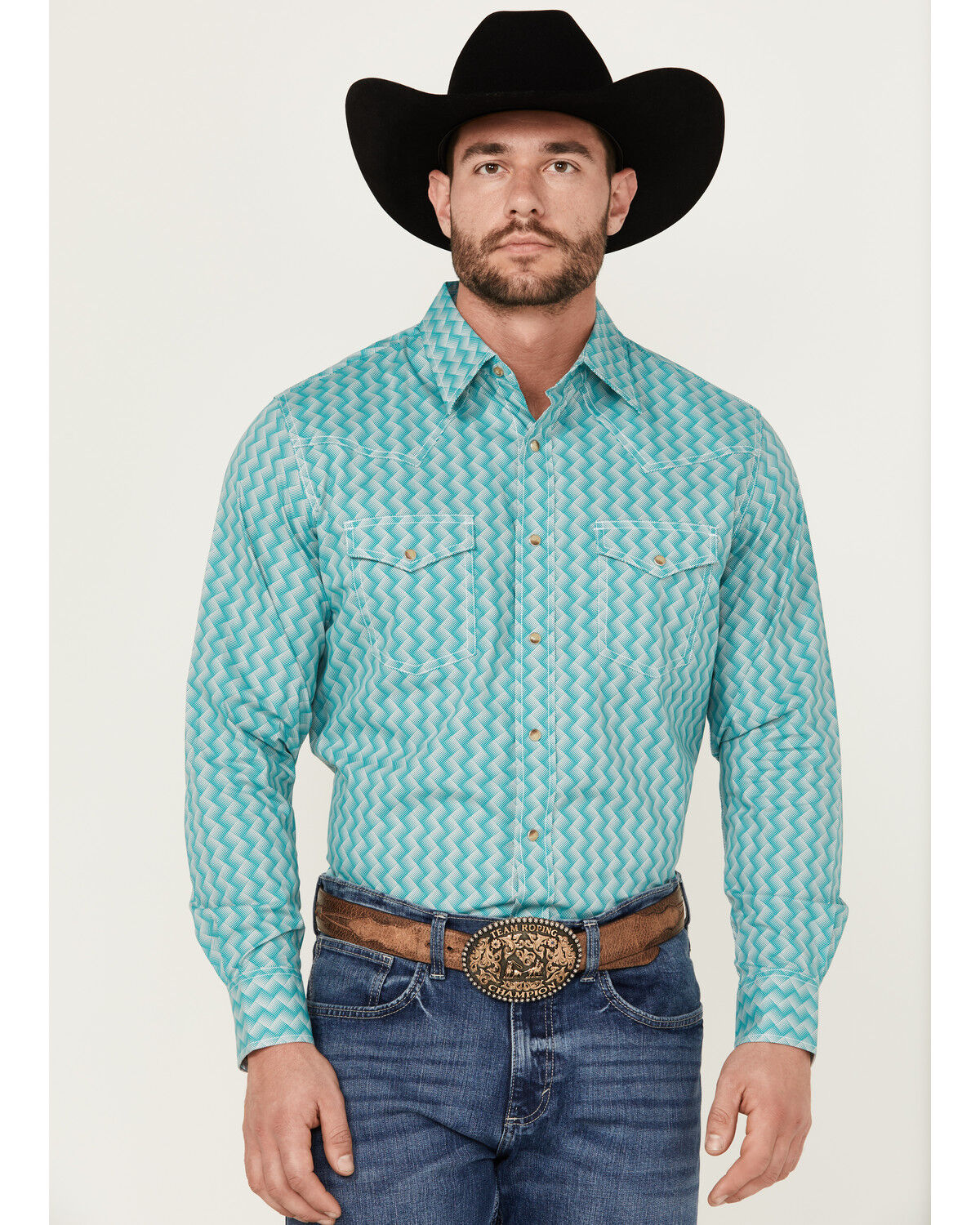 Image #1 - Wrangler 20X Men's Square Geo Print Long Sleeve Snap Stretch Western Shirt, Green, hi-res