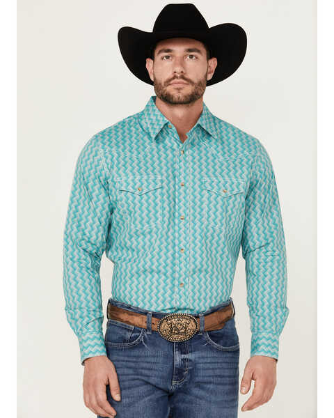 Image #1 - Wrangler 20X Men's Square Geo Print Long Sleeve Snap Stretch Western Shirt , Green, hi-res