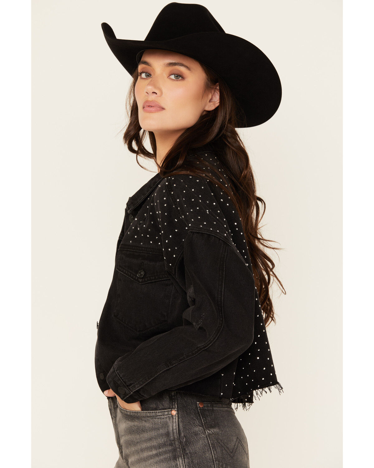 Image #3 - Blue B Women's Rhinestone Studded Cropped Denim Jacket, Black, hi-res