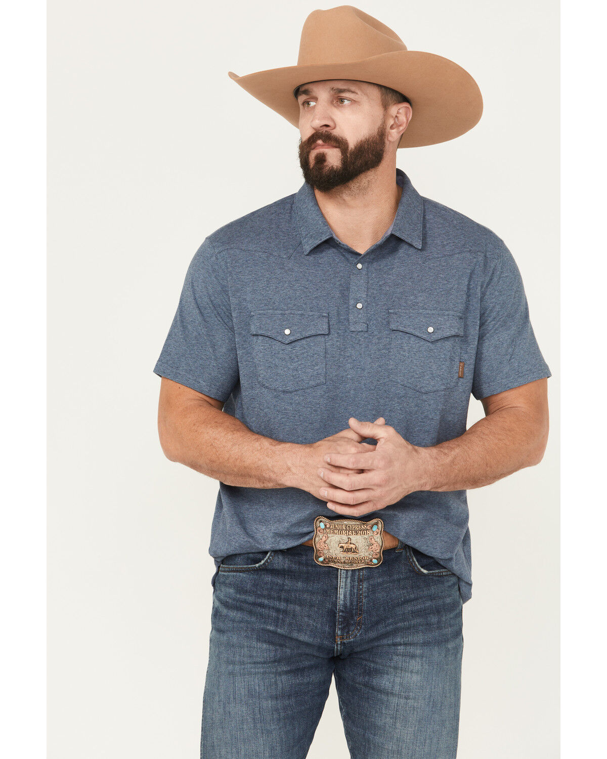 Image #1 - Ariat Men's Retro Southwestern Print Short Sleeve Snap Stretch Polo Shirt, Blue, hi-res