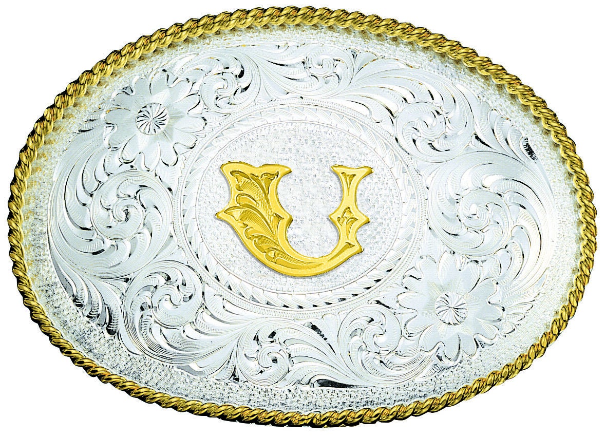 Montana Silversmiths Engraved Initial U Western Belt Buckle, Multi, hi-res