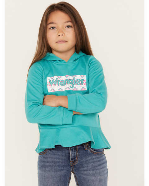 Wrangler Girls' Southwestern Logo Graphic Ruffle Hem Hoodie, Turquoise, hi-res
