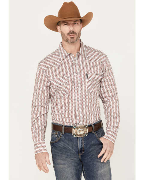 Image #1 - Cinch Men's Striped Geo Print Long Sleeve Western Pearl Snap Shirt, White, hi-res