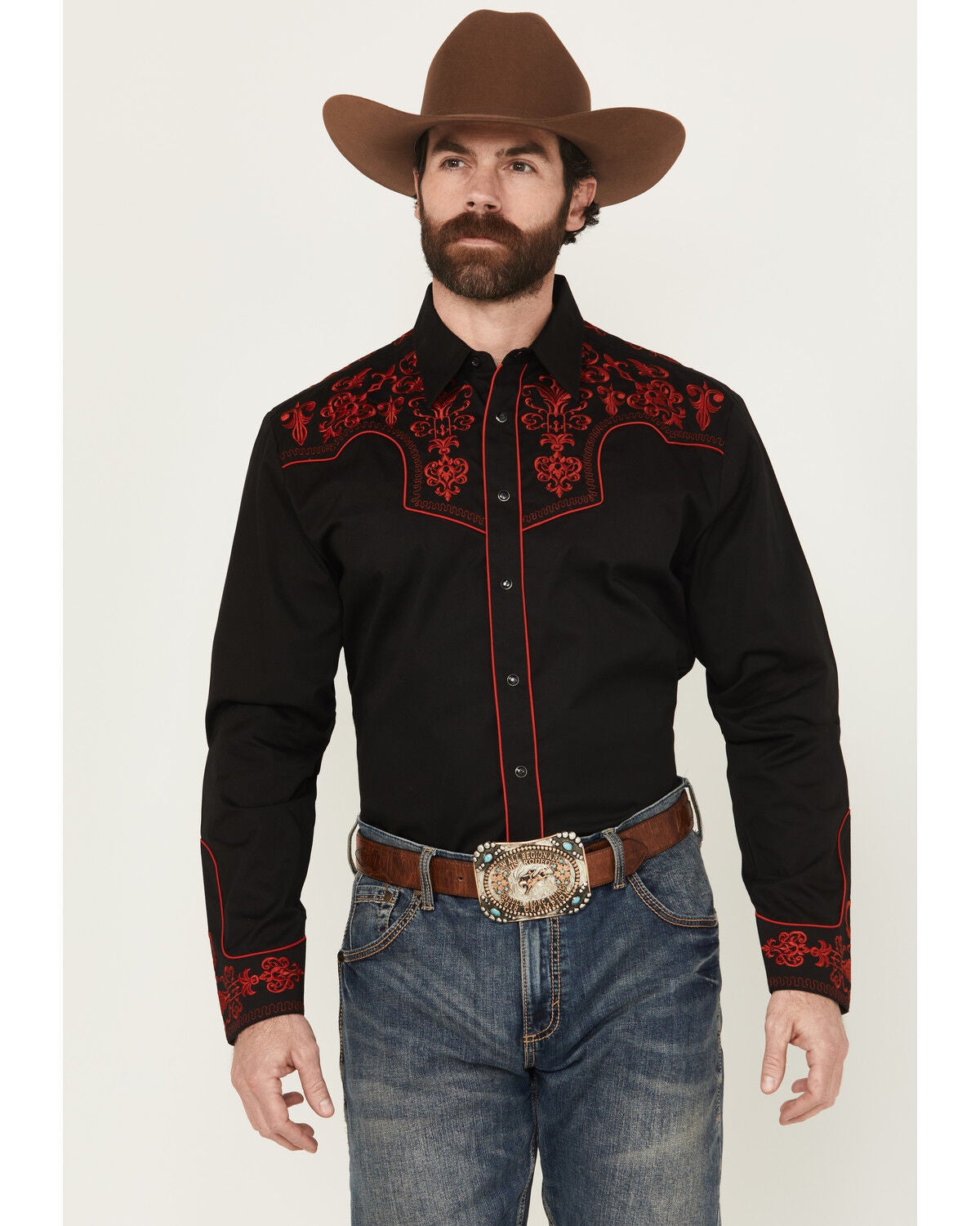 Rodeo Clothing Men's Embroidered Long Sleeve Snap Western Shirt, Black, hi-res