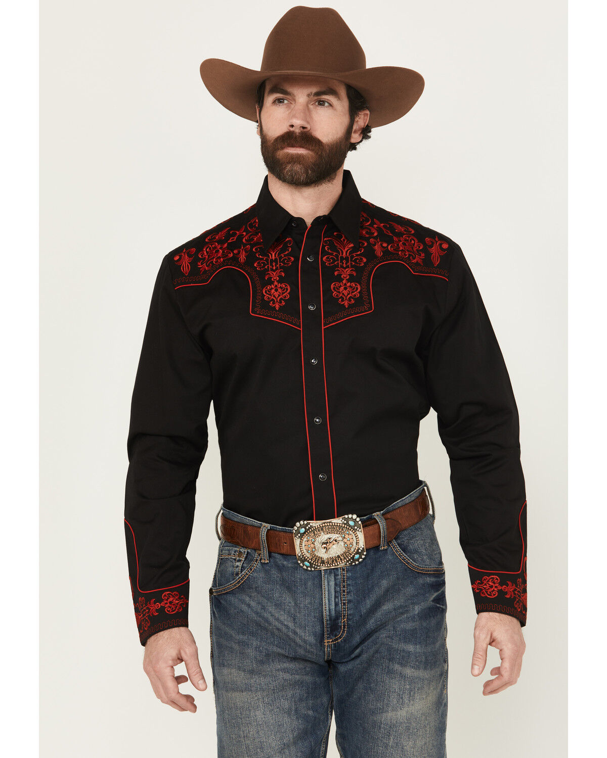 Image #1 - Rodeo Clothing Men's Embroidered Long Sleeve Snap Western Shirt, Black, hi-res