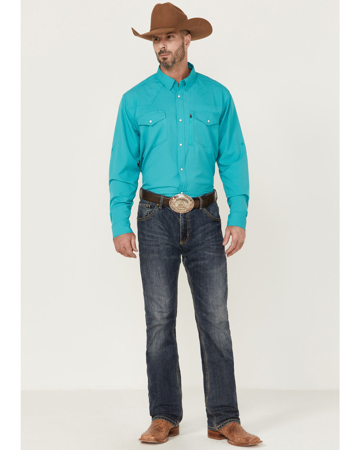 Image #2 - RANK 45® Men's Roughie Tech Long Sleeve Pearl Snap Western Shirt, Turquoise, hi-res