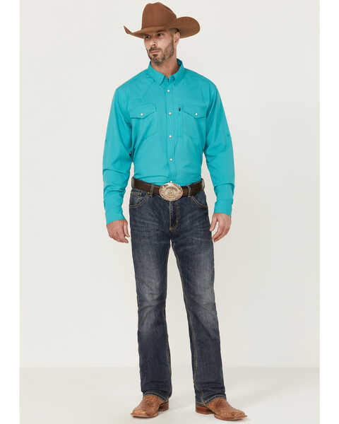 RANK 45 Men's Roughie Tech Short Sleeve Snap Western Shirt , Turquoise, hi-res