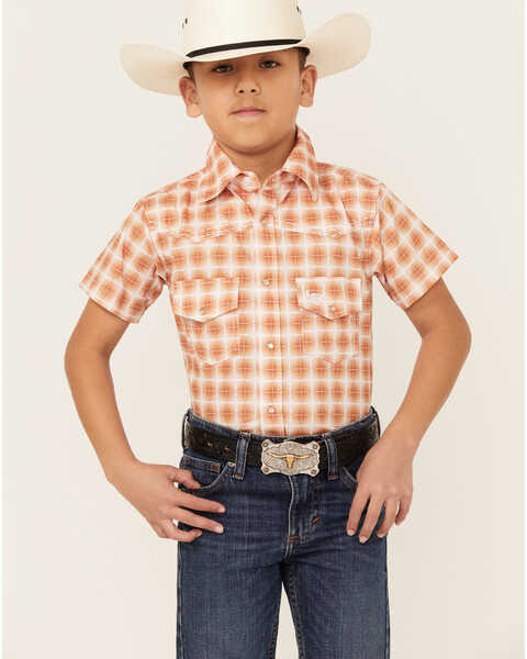 Image #1 - Cowboy Hardware Boys' Gradient Square Short Sleeve Snap Western Shirt , Orange, hi-res