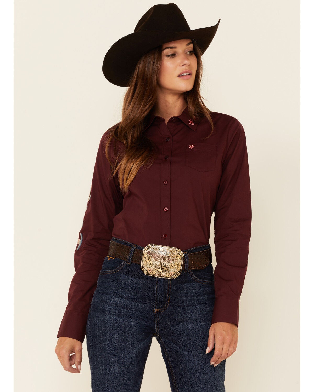 Ariat Women's Zinfandel Team Kirby Stretch Long Sleeve Button Shirt, Burgundy, hi-res