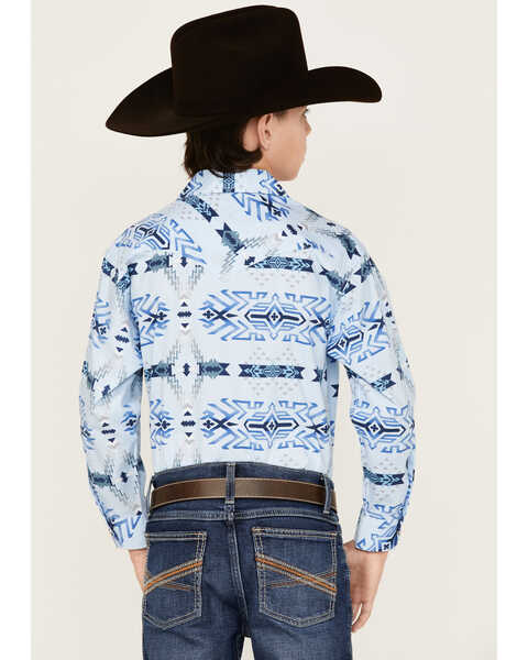 Image #4 - Rock & Roll Denim Boys' Southwestern Print Long Sleeve Stretch Pearl Snap Western Shirt, Blue, hi-res
