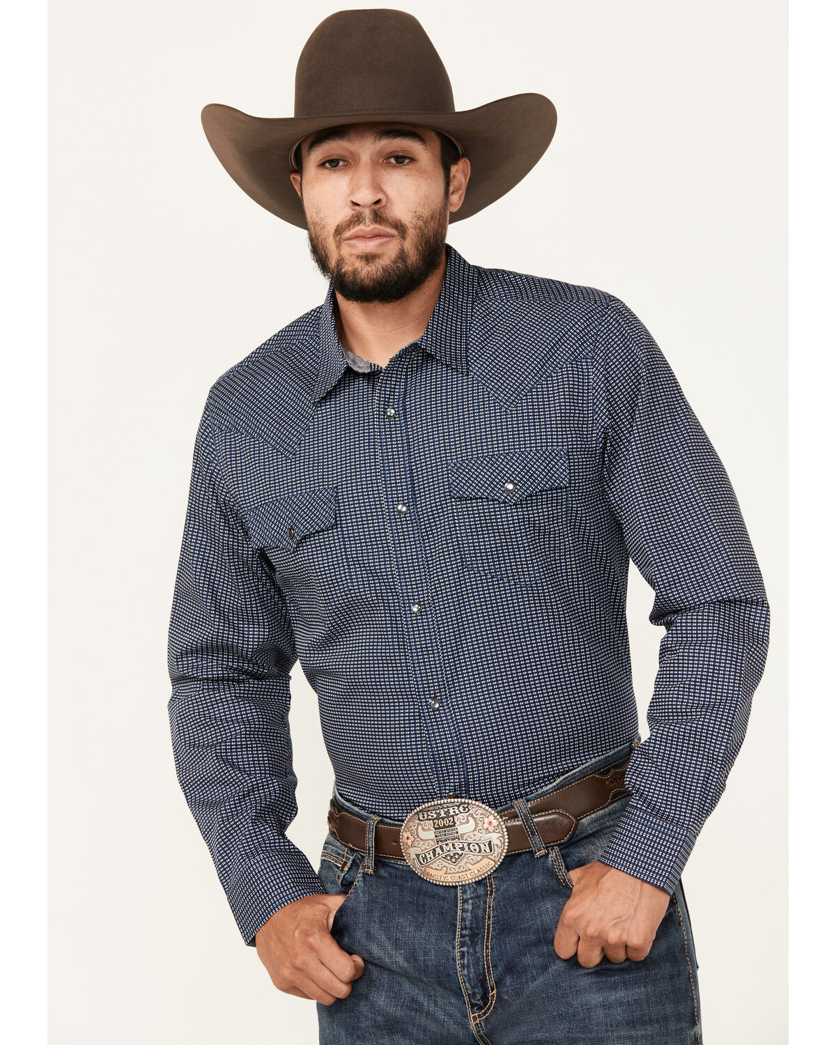 Image #1 - Cody James Men's Old West Checkered Print Long Sleeve Snap Western Shirt, Dark Blue, hi-res