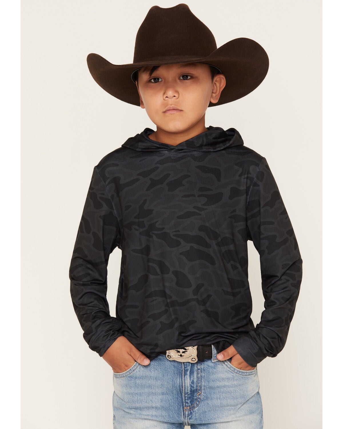Burlebo Boys' Camo Print Hooded Stretch Performance Shirt, Black, hi-res