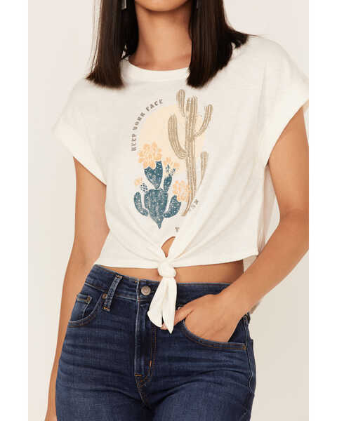 Image #3 - Shyanne Women's Desert Sun Cactus Graphic Tie Front Tee, Ivory, hi-res