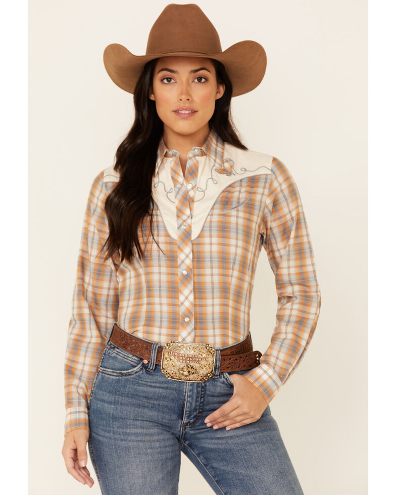 Roper Women's Mustard Plaid Fancy Applique Yoke Long Sleeve Snap Western Shirt , Mustard, hi-res