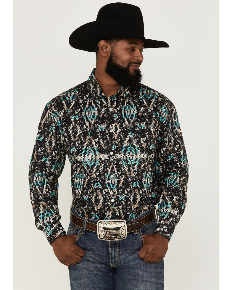 Rock & Roll Denim Men's Vertical Southwestern Print Button-Down Western Shirt , Dark Brown, hi-res