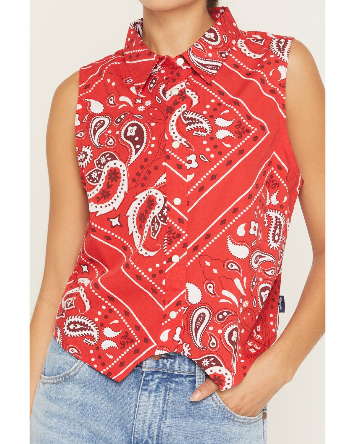 Image #3 - Wrangler Retro Women's Bandana Print Sleeveless Cropped Snap Western Shirt, Red, hi-res