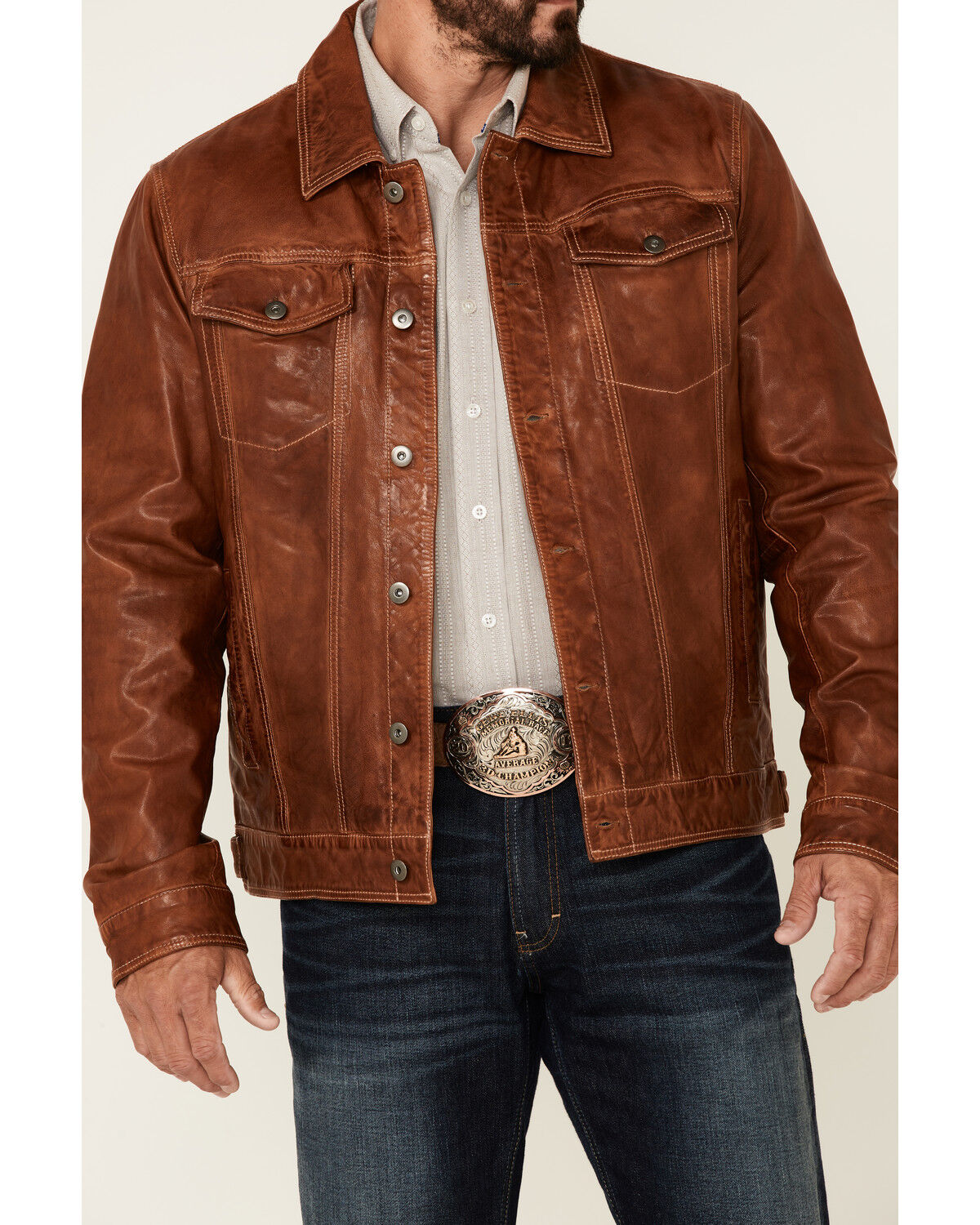 Image #3 - Scully Men's Tan Leather Button-Front Trucker Jacket, Tan, hi-res