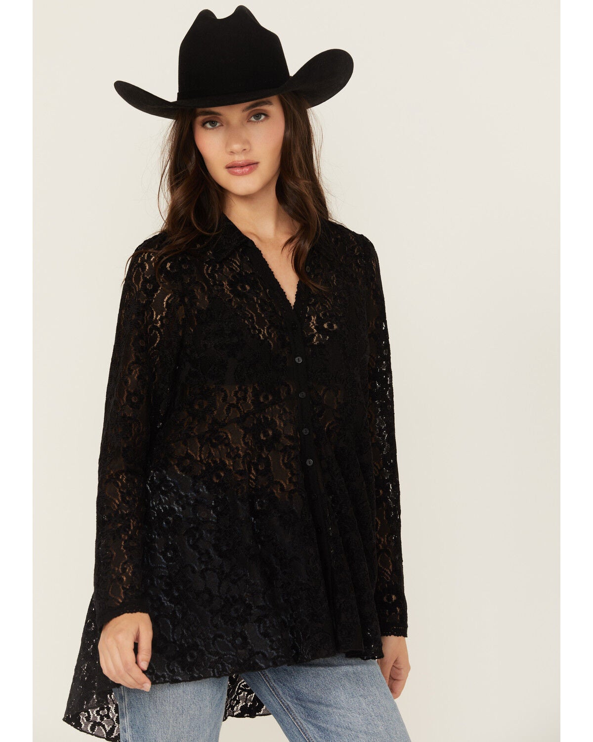 Beyond The Radar Women's Velvet Lace Long Sleeve Tunic, Black, hi-res