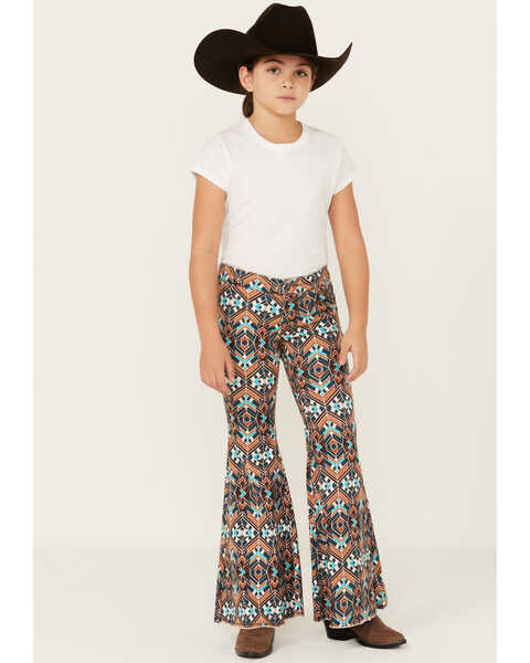 Image #1 - Rock & Roll Denim Girls' Geo Print Stretch Bell Bottom Jeans , Tan, hi-res