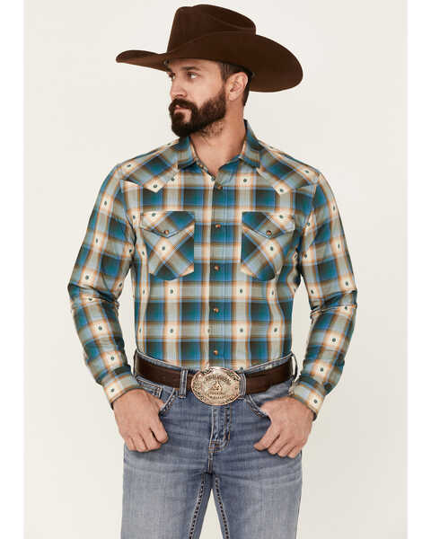 Image #1 - Pendleton Men's Hombre Allover Plaid Print Long Sleeve Snap Western Shirt , Blue, hi-res