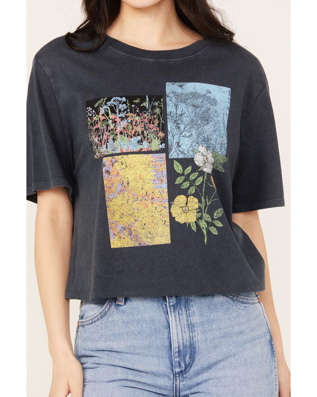 Image #3 - Cleo + Wolf Women's Botanical Boxy Cropped Short Sleeve Graphic Tee, Indigo, hi-res