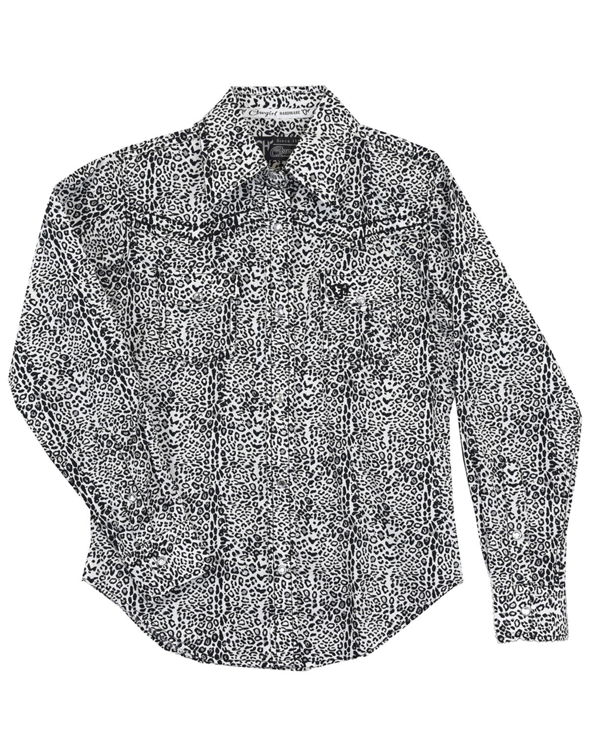 Image #1 - Cowgirl Hardware Toddler Girls' Mini Leopard Print Long Sleeve Western Pearl Snap Shirt, White, hi-res