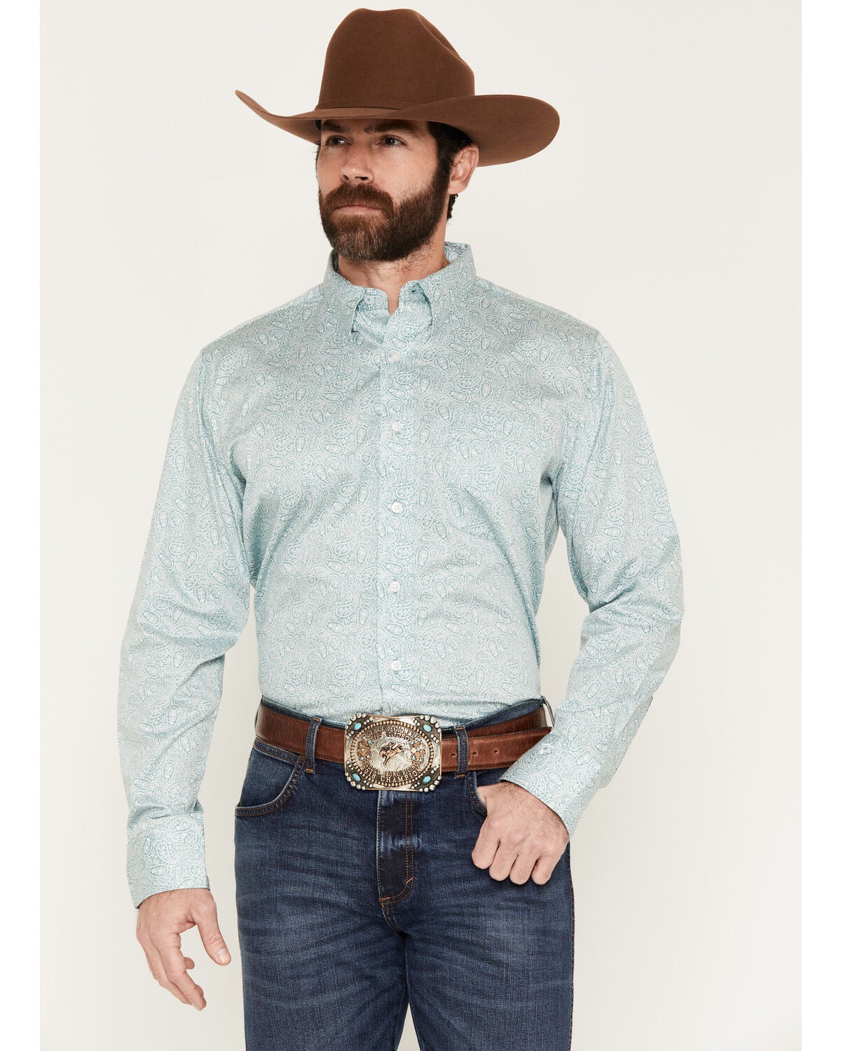 Image #1 - Wrangler X Cody Johnson Men's Paisley Print Long Sleeve Button-Down Western Shirt, Green, hi-res