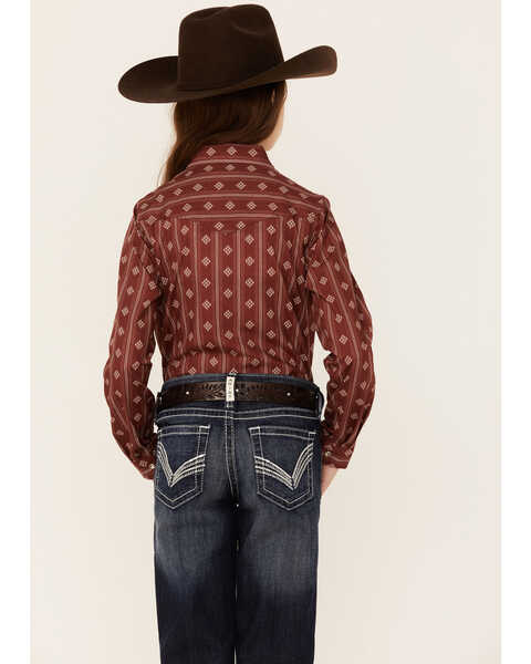 Image #3 - Roper Girls' Geo Print Long Sleeve Pearl Snap Western Shirt, Red, hi-res