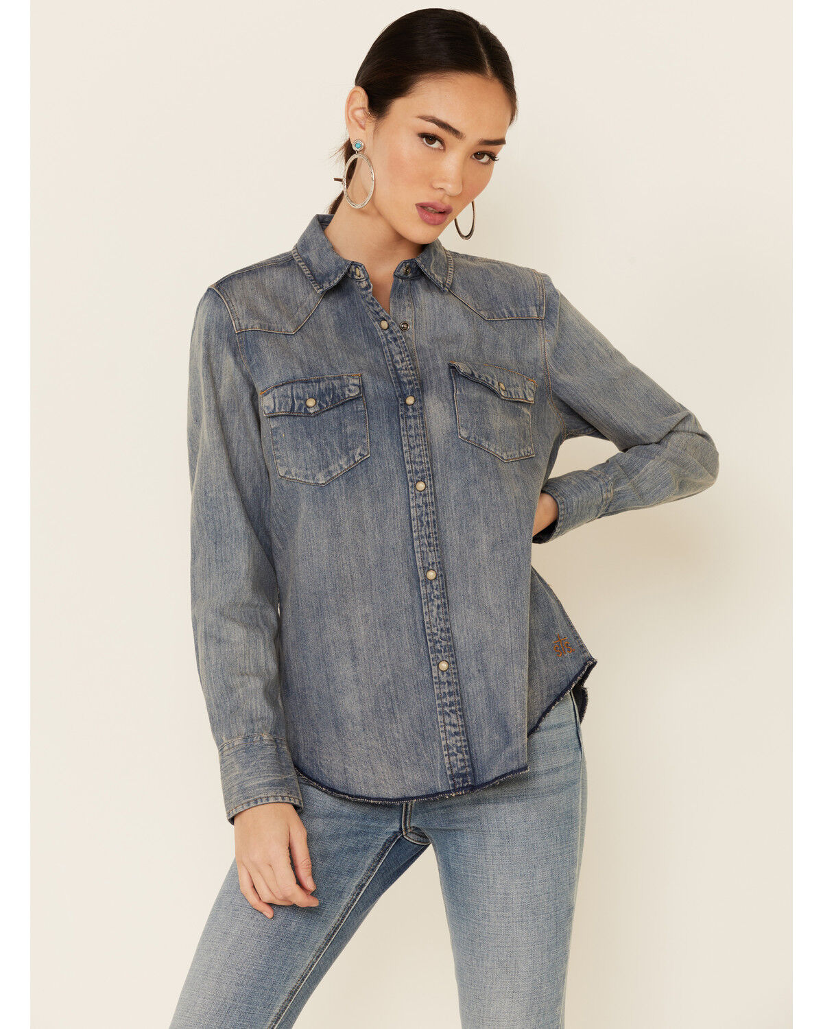 Image #1 - STS Ranchwear Women's Claira Denim Long Sleeve Pearl Snap Western Shirt, Blue, hi-res