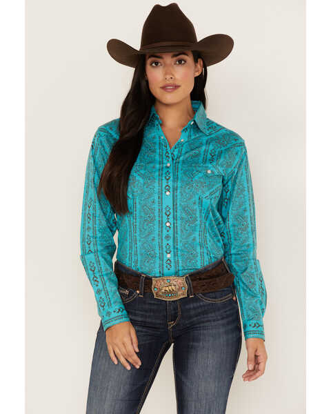 Panhandle Women's Paisley Print Long Sleeve Snap Stretch Western Shirt, Turquoise, hi-res
