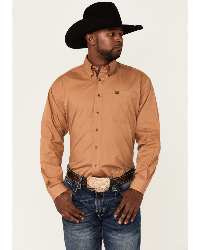 Cinch Men's Solid Brown Stretch Long Sleeve Button-Down Western Shirt , Brown, hi-res