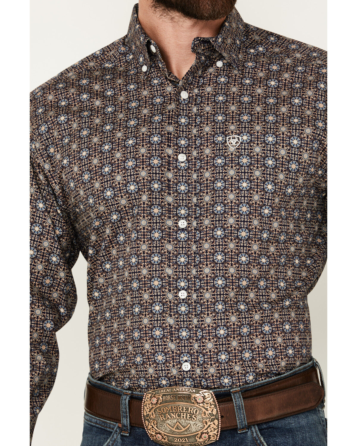 Image #3 - Ariat Men's Karsyn Medallion Print Long Sleeve Button-Down Western Shirt, Dark Blue, hi-res