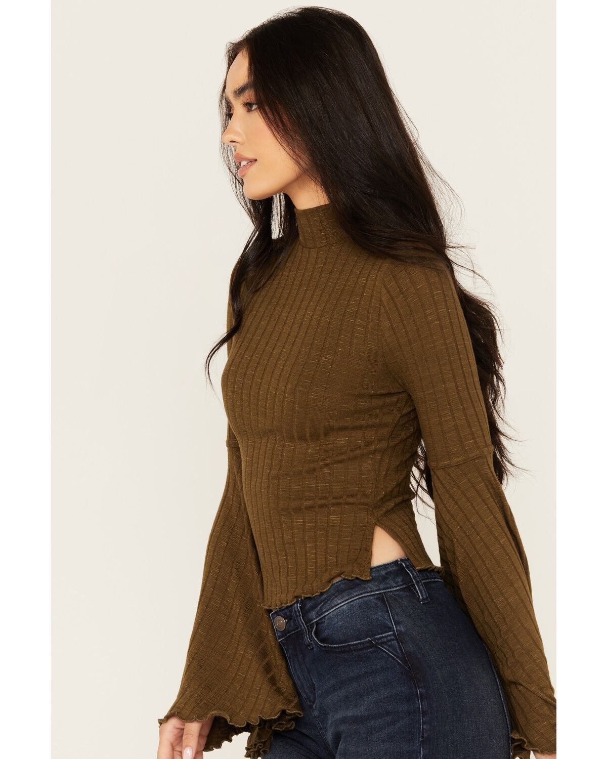 Image #2 - Shyanne Women's Rib Knit Mock Neck Bell Sleeve Top, Forest Green, hi-res