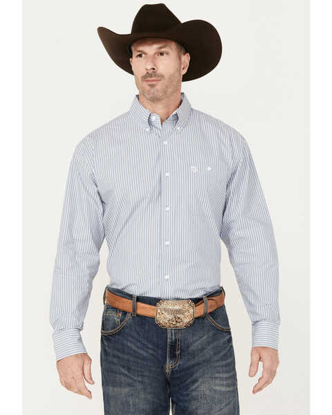 Image #1 - George Strait by Wrangler Men's Striped Long Sleeve Button-Down Western Shirt, Blue, hi-res