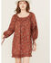 Image #2 - Angie Women's Floral Print Crochet Long Sleeve Mini Dress , Rust Copper, hi-res