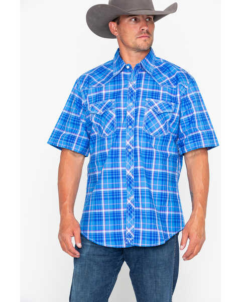 Image #5 - Wrangler 20X Men's Competition Advanced Comfort Plaid Print Short Sleeve Western Shirt , Blue, hi-res