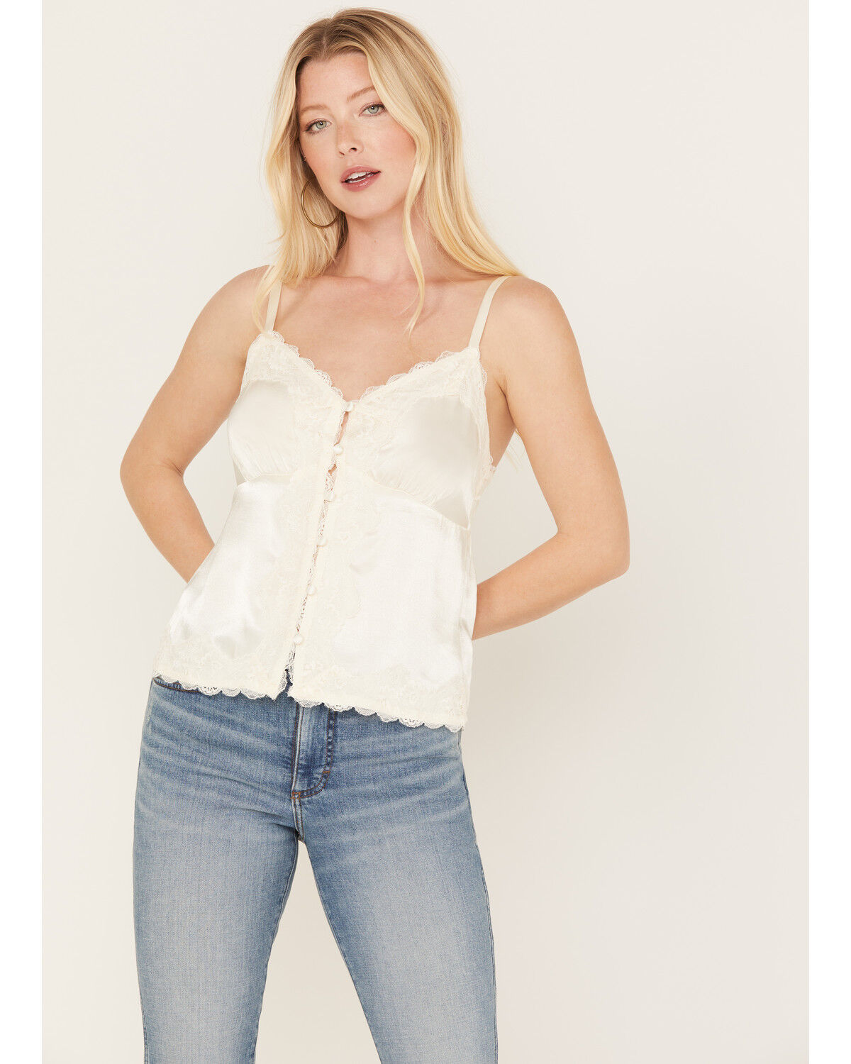Image #1 - Shyanne Women's Button Front Lace Trimmed Tank Top, Cream, hi-res