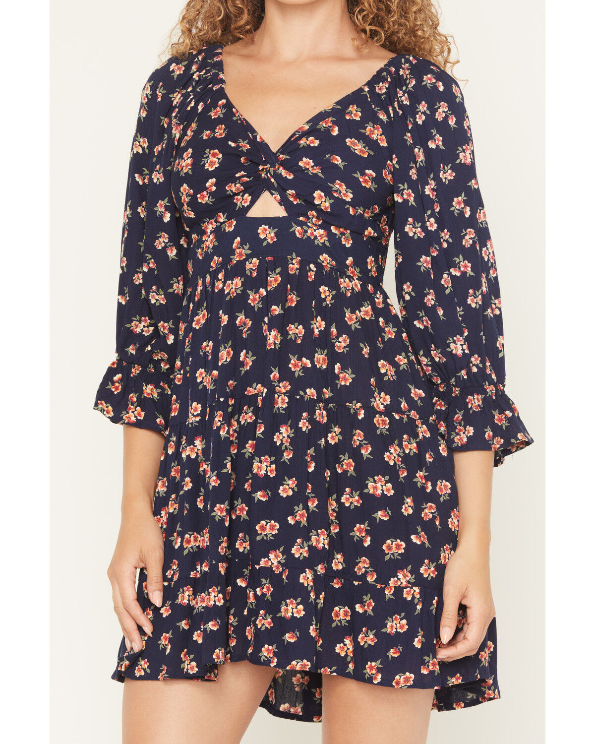 Image #3 - Angie Women's Floral Print Knot Front Mini Dress, Navy, hi-res