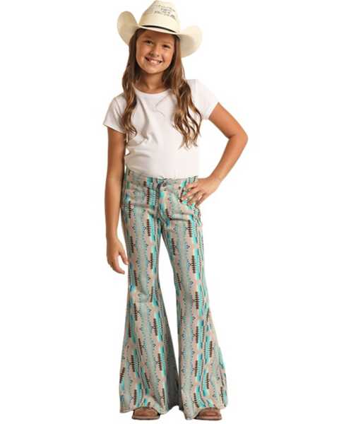 Image #1 - Rock & Roll Denim Girls' High Rise Southwestern Print Extra Stretch Button Flare Jeans, Turquoise, hi-res