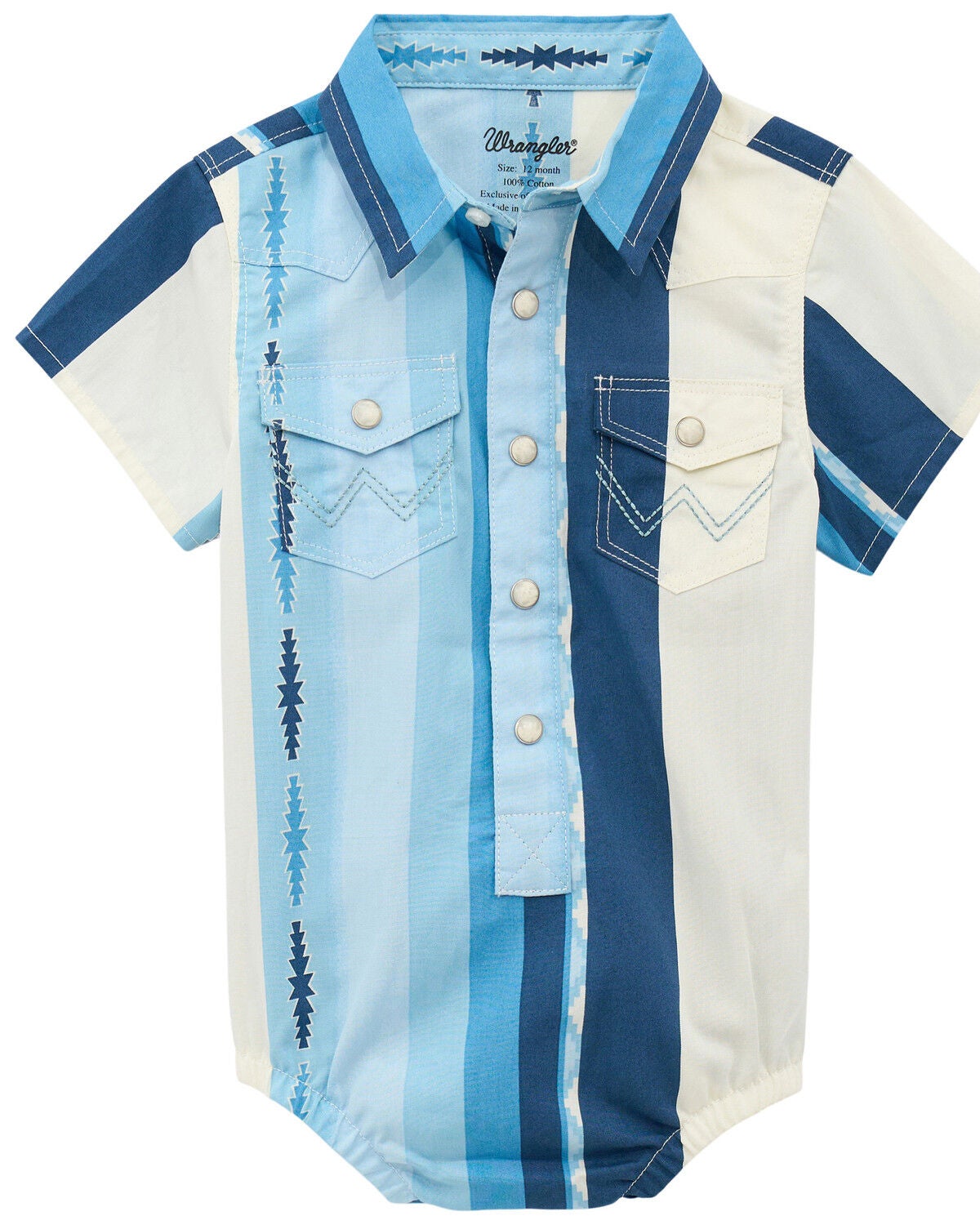 Image #1 - Wrangler Infant Boys' Southwestern Stripe Print Short Sleeve Snap Western Shirt, Blue, hi-res