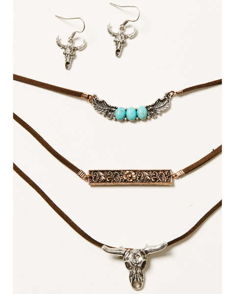 Image #1 - Shyanne Women's Cactus Rose Triple Longhorn Necklace & Earrings 4-Piece Set, Rust Copper, hi-res