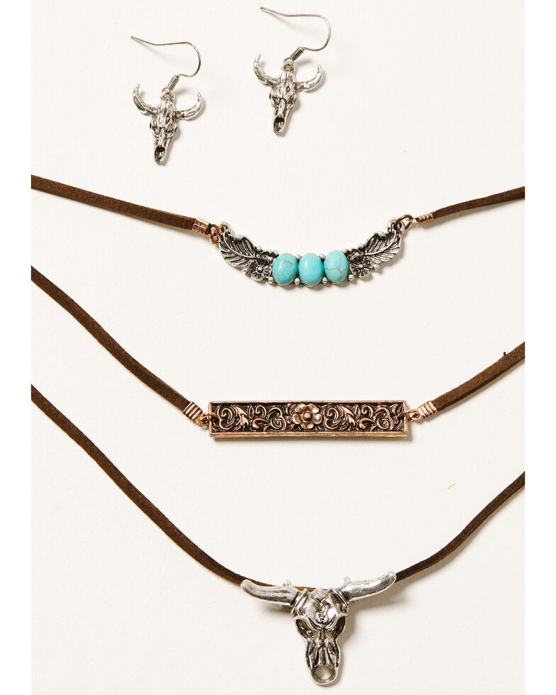 Shyanne Women's Cactus Rose Triple Longhorn Necklace & Earrings 4-Piece Set, Rust Copper, hi-res