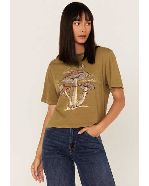 Image #1 - Cleo + Wolf Women's Mushrooms Graphic Boxy Tee, Green/brown, hi-res