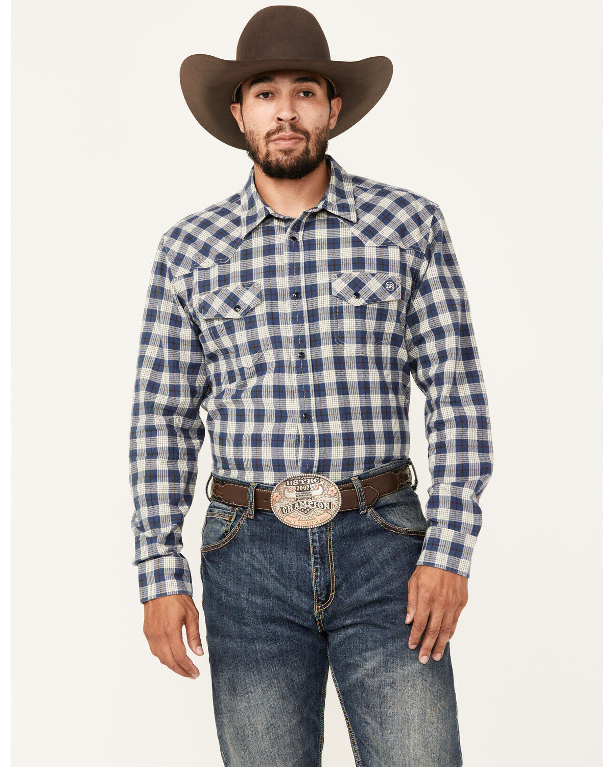 Image #1 - Blue Ranchwear Men's Crossville Herringbone Checkered Print Long Sleeve Snap Work Shirt, Dark Blue, hi-res