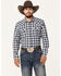 Image #1 - Blue Ranchwear Men's Crossville Herringbone Checkered Print Long Sleeve Snap Work Shirt, Dark Blue, hi-res
