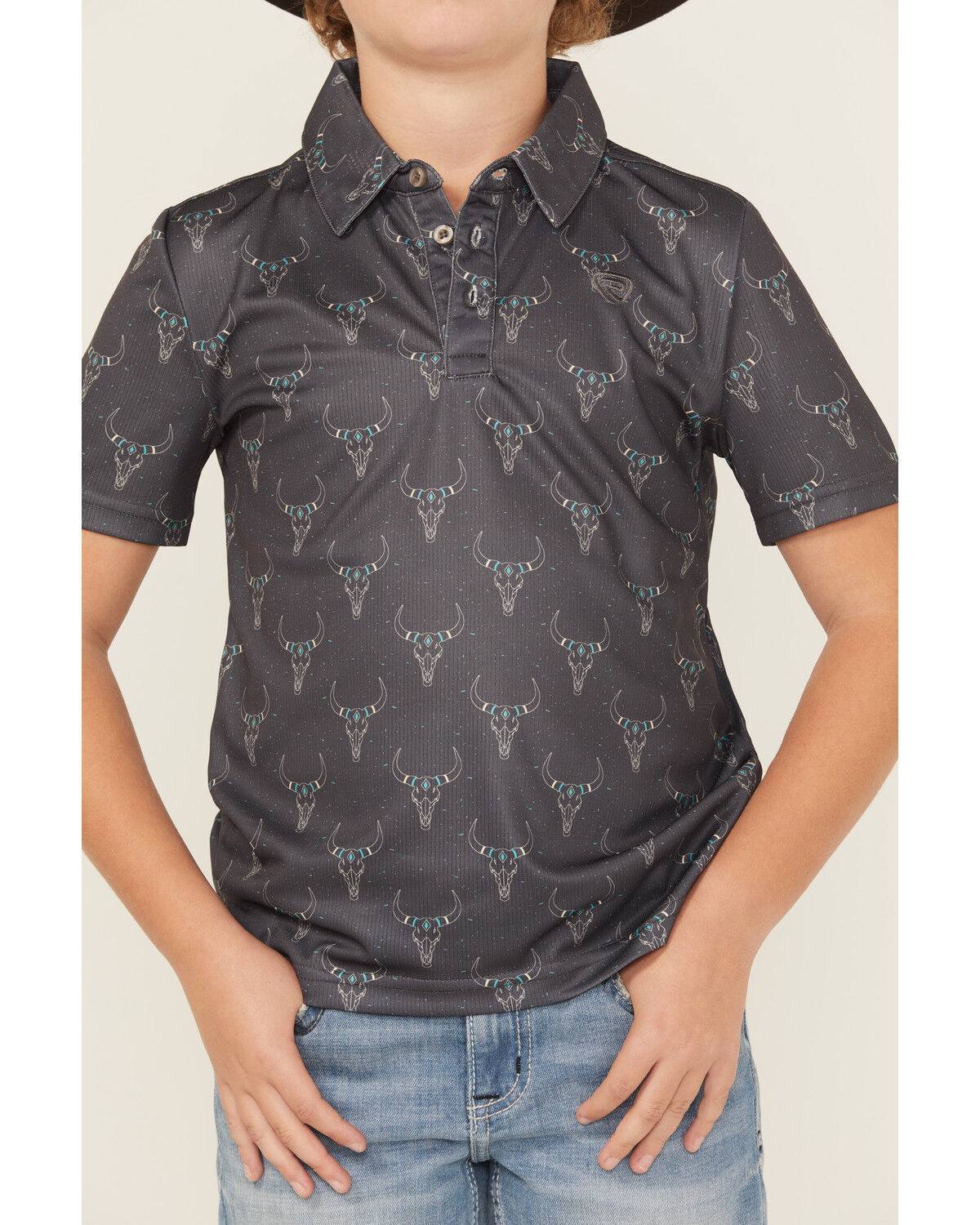 Image #2 - Rock & Roll Denim Boys' Long Horn Print Short Sleeve Button-Down Polo, Black, hi-res