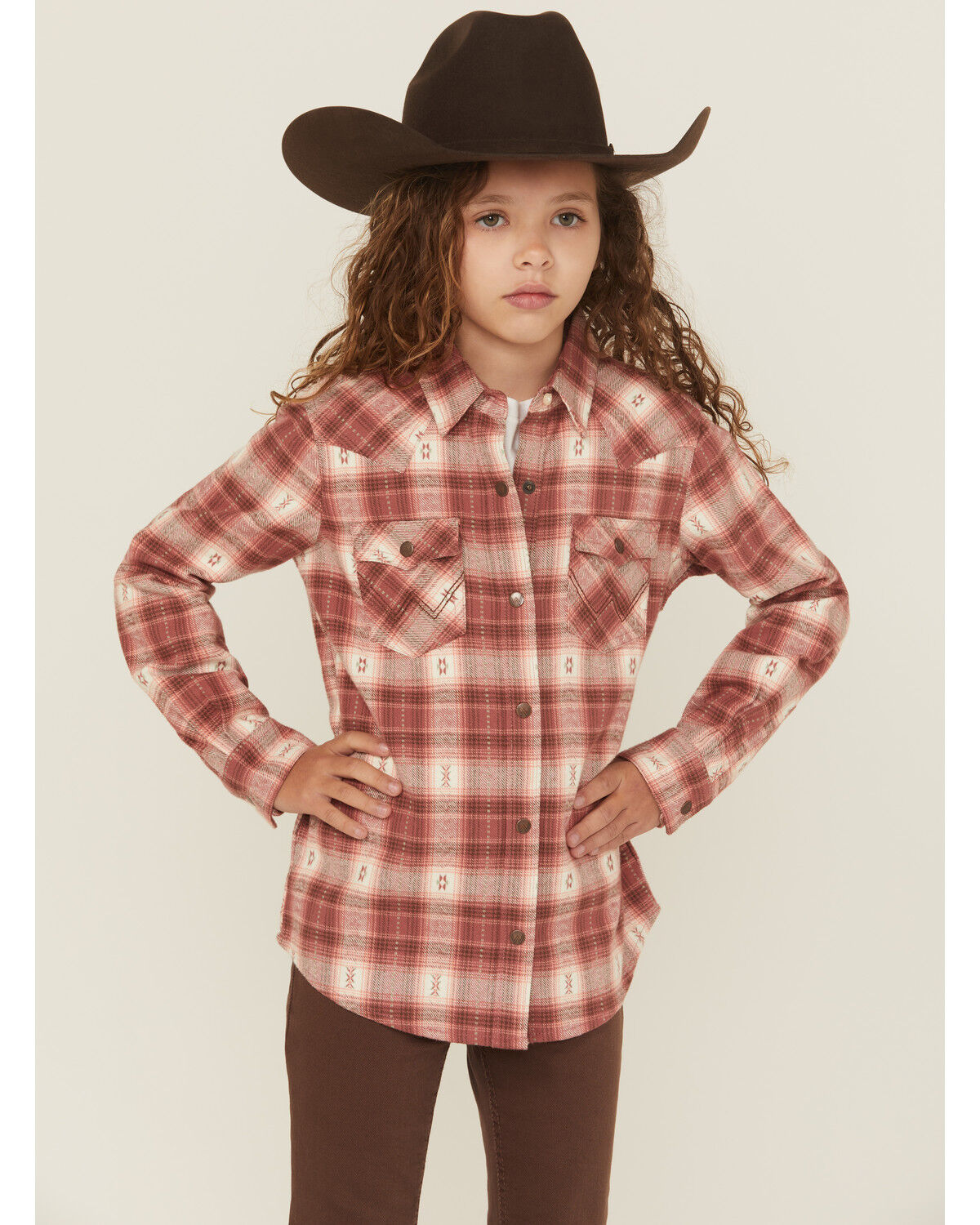 Image #1 - Wrangler Girls' Plaid Print Long Sleeve Snap Flannel Shirt, Rust Copper, hi-res