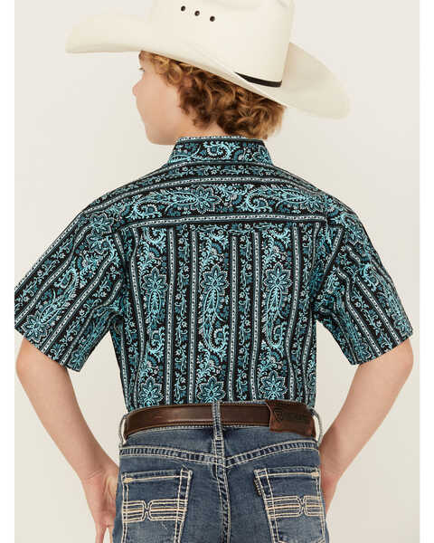 Image #4 - Panhandle Select Boys' Paisley Print Short Sleeve Pearl Snap Western Shirt, Dark Teal, hi-res