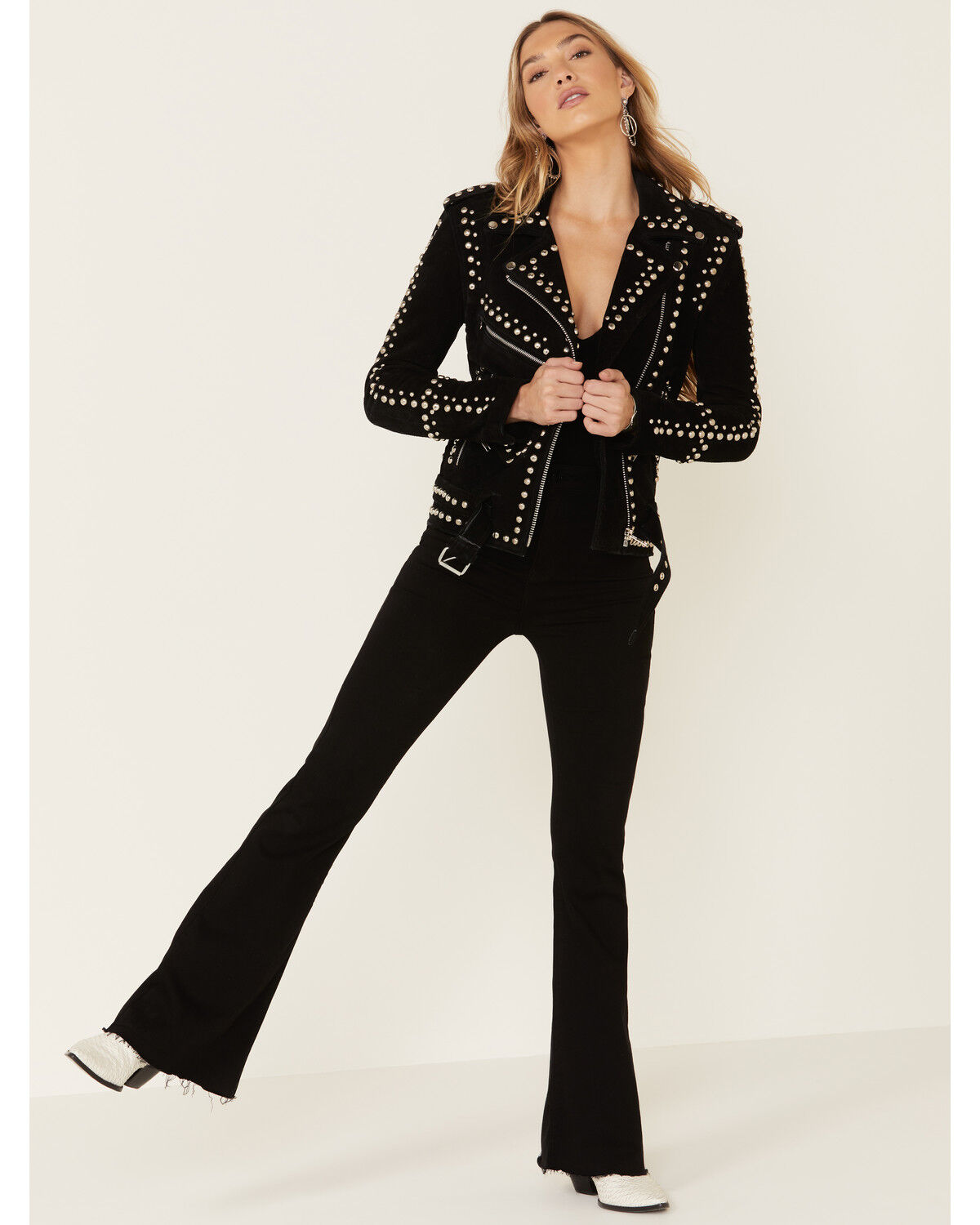 Image #2 - Understated Leather Women's Black Dome Studded Moto Suede Jacket , , hi-res